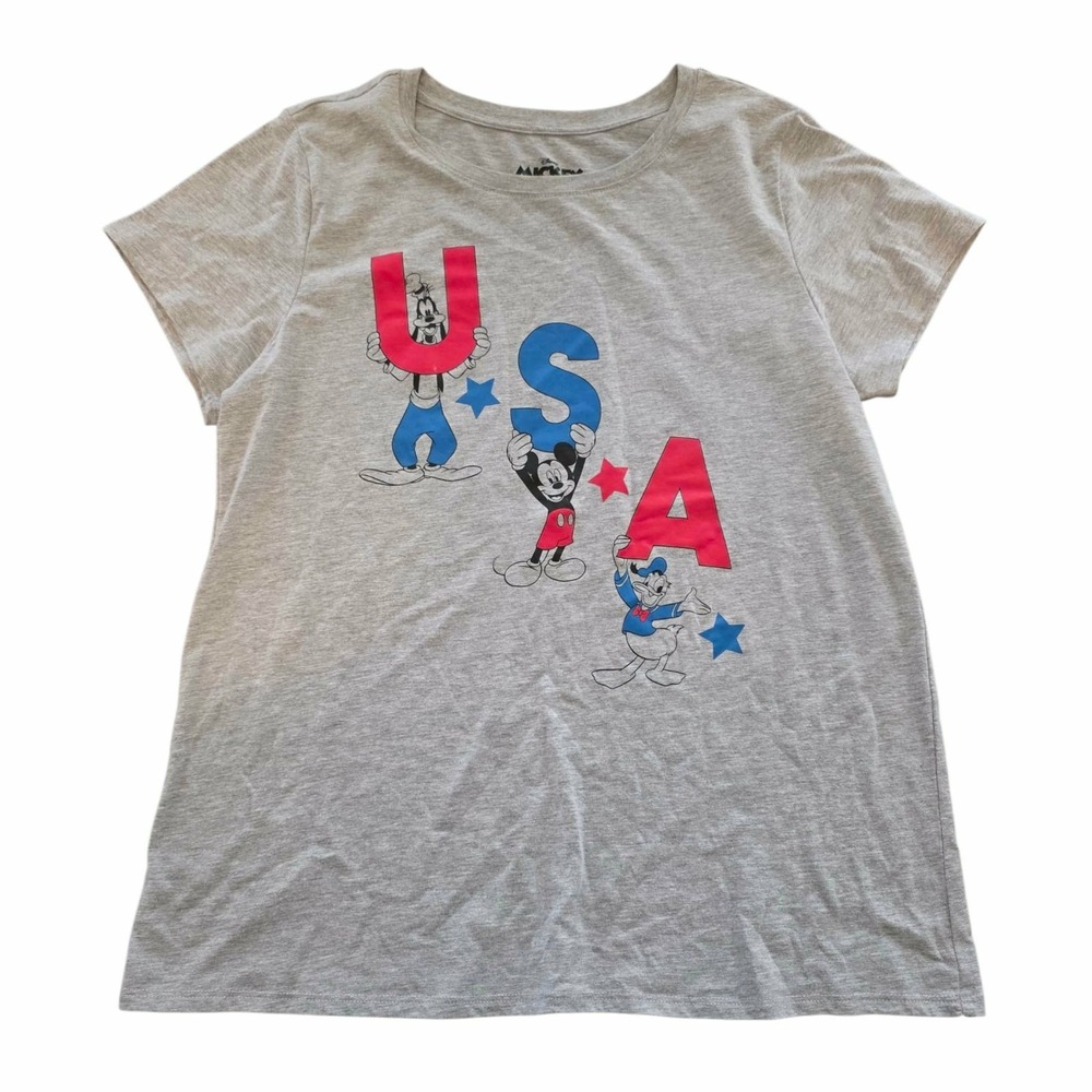 Disney Mickey and Friends USA Patriotic T-Shirt Gray Short Sleeve Womens Medium